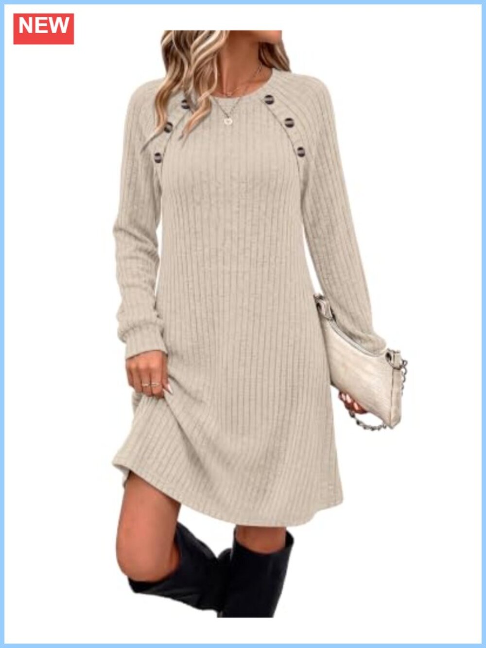 OFEEFAN Women's Ribbed Knit Long Sleeve Casual Dress with Pockets
